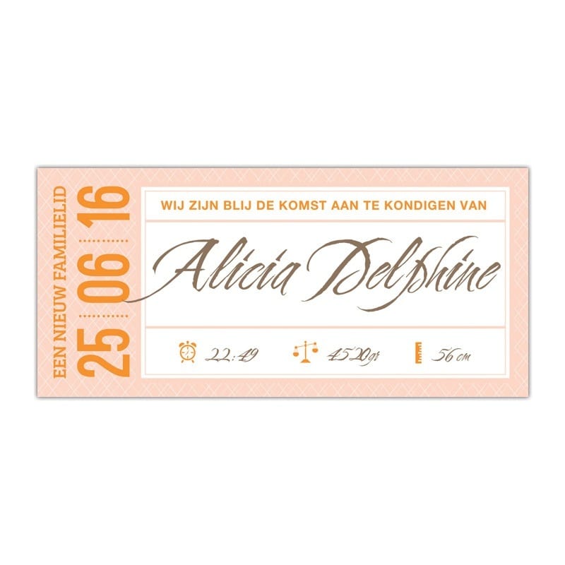 Geboortekaartje Ticket met mix van retro en moderne elementen, sierlijk en een strak lettertype