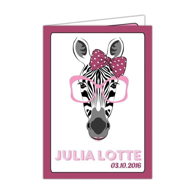 Geboortekaartje Zebra - Een leuke zebra met een grote, roze bril op - Cartoon geboortekaartjes
