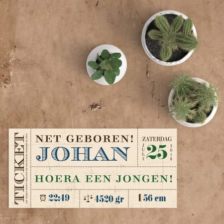 Ticket geboortekaartjes - vintage ontwerp met mooie fonts en kraft-achtergrond - Geboortekaartje Vintage Ticket. Voor- en achterkant geboortekaart.