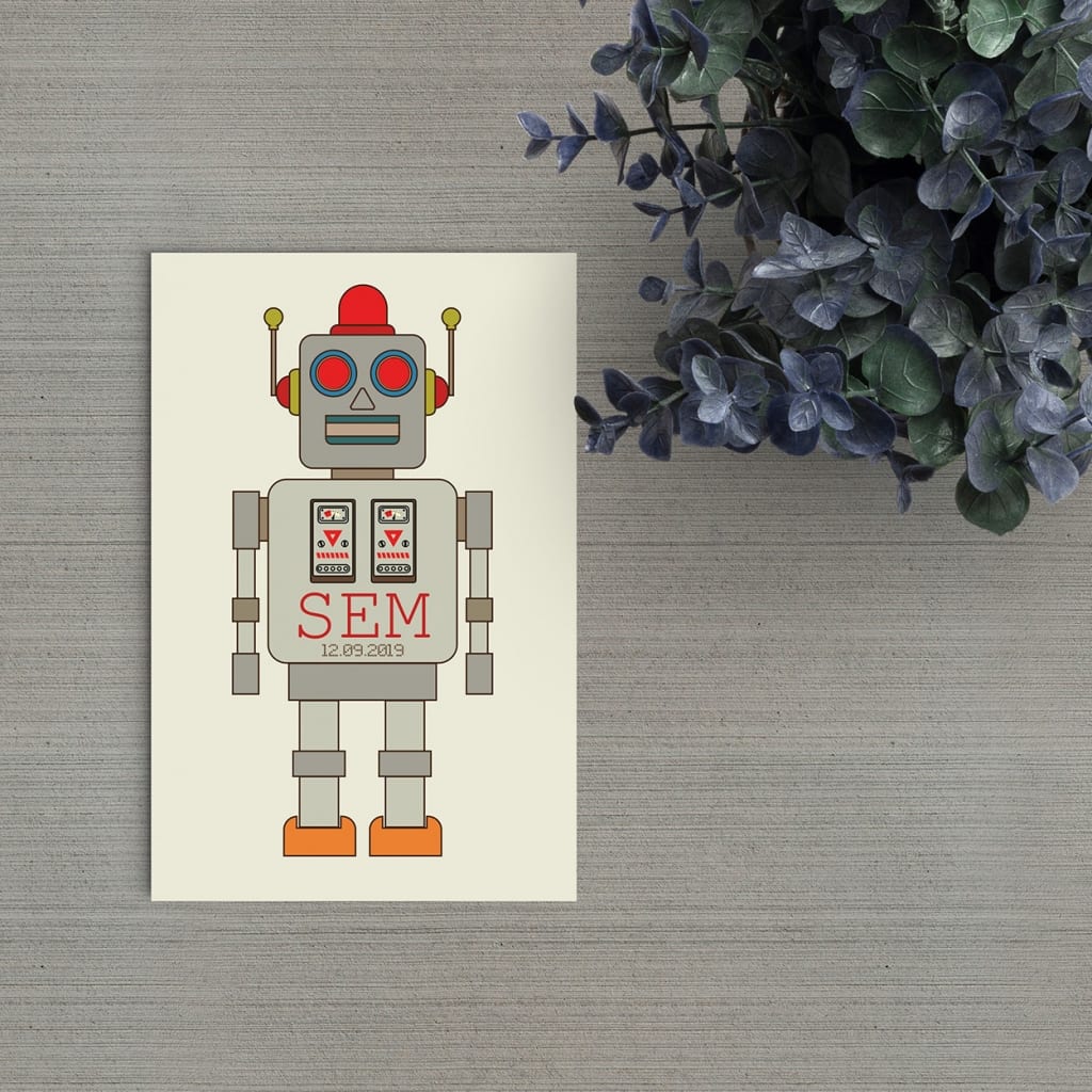 Een leuk ouderwets robotje staat op de voorkant van geboortekaartje Retro Robot. Het is een echte retro stijl illustratie, eenvoudig, zonder tierelantijnen.