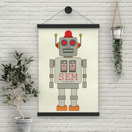 Een groot formaat geboorteposter (meerdere formaten mogelijk) met een grote illustratie van de retro robot van geboortekaartje Retro Robot. 