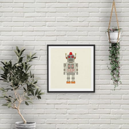 Een vierkante geboorteposter (meerdere formaten mogelijk) met een grote illustratie van de retro robot van geboortekaartje Retro Robot.