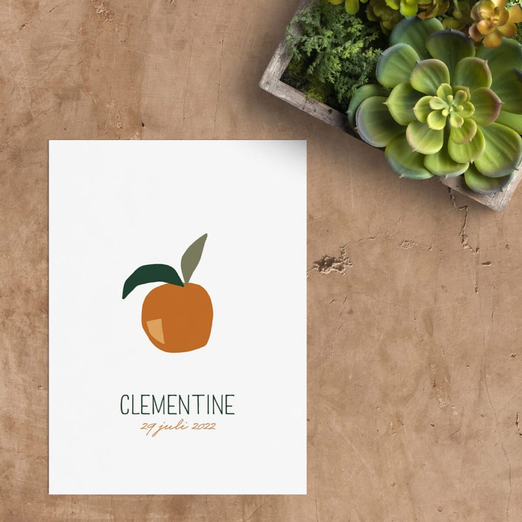 Geboortekaartje Clementine is een fruitig ontwerp met een knipoog. De stijl van de sinaasappel is abstract en strak en de kleur een opvallend oranje.