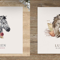 Nieuwe Geboortekaartjes | Leeuw en Zebra met aquarel geschilderd