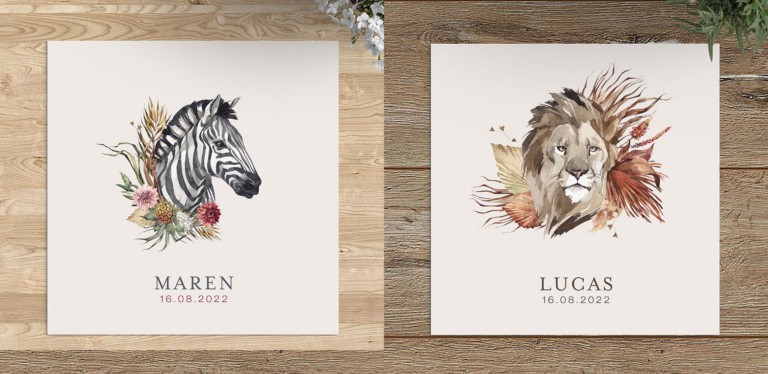 Nieuwe Geboortekaartjes | Leeuw en Zebra met aquarel geschilderd